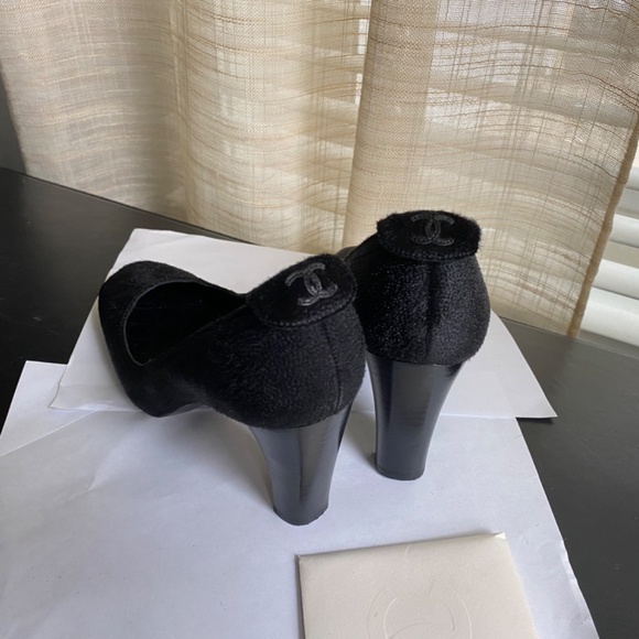 CHANEL BLACK FABRIC PUMPS CUTE CC LOGO HEELS mules leather slip on in slides - Picture 11 of 11